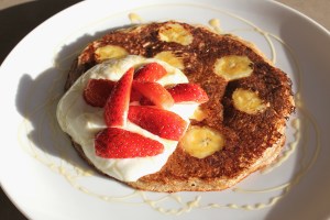 Rye and banana pancakes with vanilla yoghurt and manuka honey